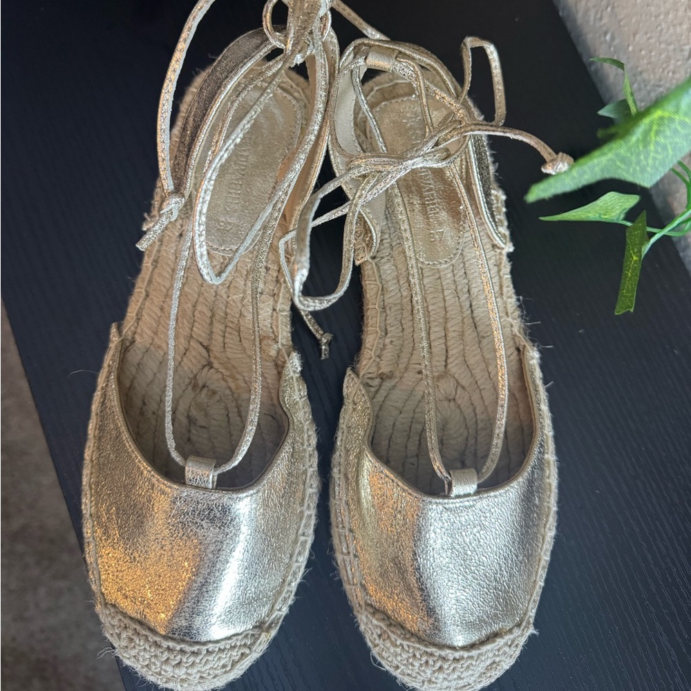 stradivarius Metallic Gold Espadrille Flats with Ankle Ties
